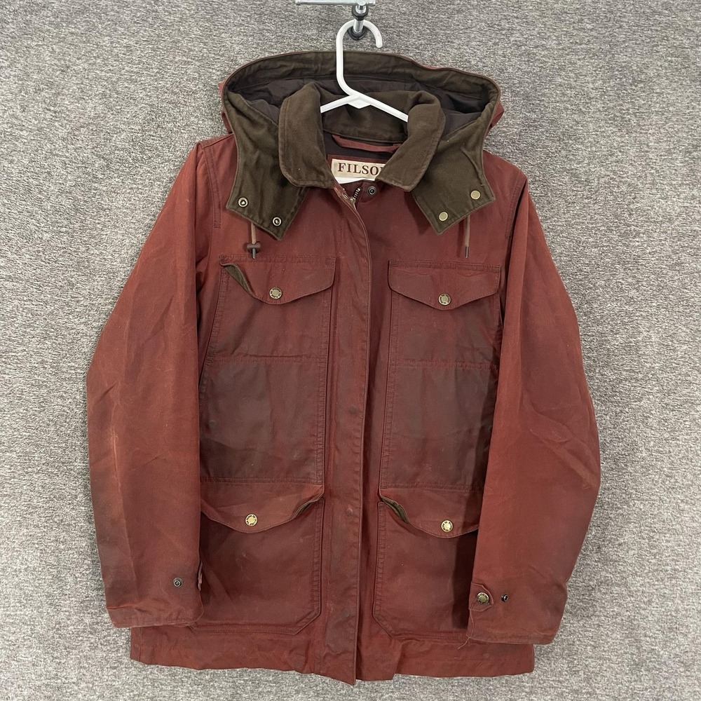 Filson Moorcroft Jacket Women's Sz M Burgundy Waxed Tin Cloth Hooded Honeycomb